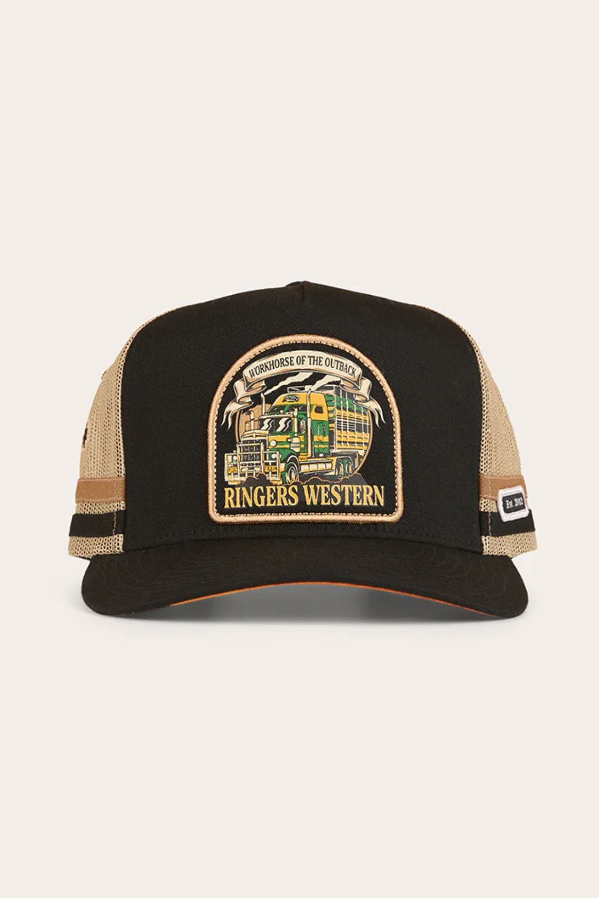 The Ringers Western Workhorse Trucker Cap is black and tan with a mesh back, curved brim, adjustable snapback, and a front patch showing a large truck graphic plus the texts “WORKHORSE OF THE OUTBACK” above and “RINGERS WESTERN” below.