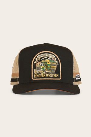The Ringers Western Workhorse Trucker Cap is black and tan with a mesh back, curved brim, adjustable snapback, and a front patch showing a large truck graphic plus the texts “WORKHORSE OF THE OUTBACK” above and “RINGERS WESTERN” below.