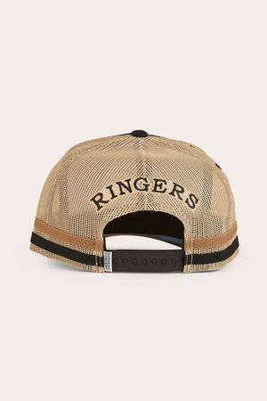 The Ringers Western Workhorse Trucker Cap is shown from the back in beige mesh, with "RINGERS" in black above the adjustable snapback—an ideal cap for everyday use.