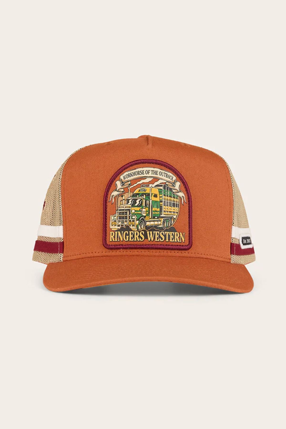 The Ringers Western Workhorse Trucker Cap in orange and beige features a vibrant horse and truck patch, "Ringers Western" text, "Workhorse of the Outback," a side logo label, and breathable mesh for sun protection in classic trucker style.