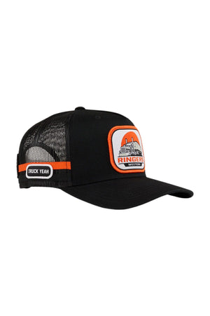 The Ringers Western Big Rig Trucker Cap is black with a deep fit design, mesh back, orange accents, a "Ringers Western" patch with hats on the front, "Truck Yeah" on the side panel, and an adjustable snapback for a perfect fit.