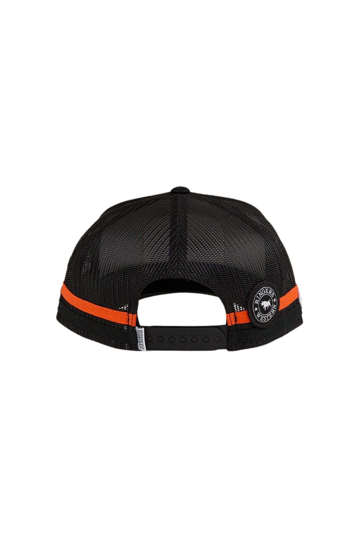 Back view of the Ringers Western Big Rig Trucker Cap with black mesh, adjustable snapback, orange stripes at the bottom, and a circular logo patch on the left side.