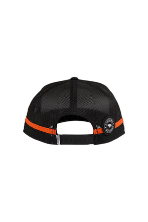 Back view of the Ringers Western Big Rig Trucker Cap with black mesh, adjustable snapback, orange stripes at the bottom, and a circular logo patch on the left side.