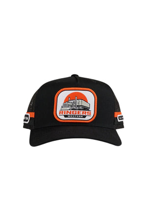 The Ringers Western Big Rig Trucker Cap is a deep fit black cap with a mesh back, adjustable snapback, and truck patch featuring "Ringers Western" in orange, white, and red plus orange and white side accents.