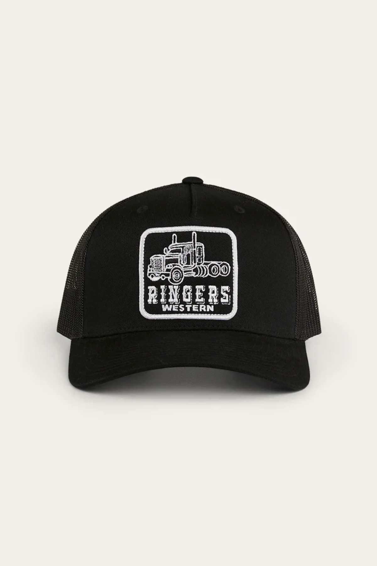 The Ringers Western Long Haul Trucker Cap features a black mesh back, cotton twill front, and a patch with an illustrated tractor above "RINGERS WESTERN" in bold white letters.