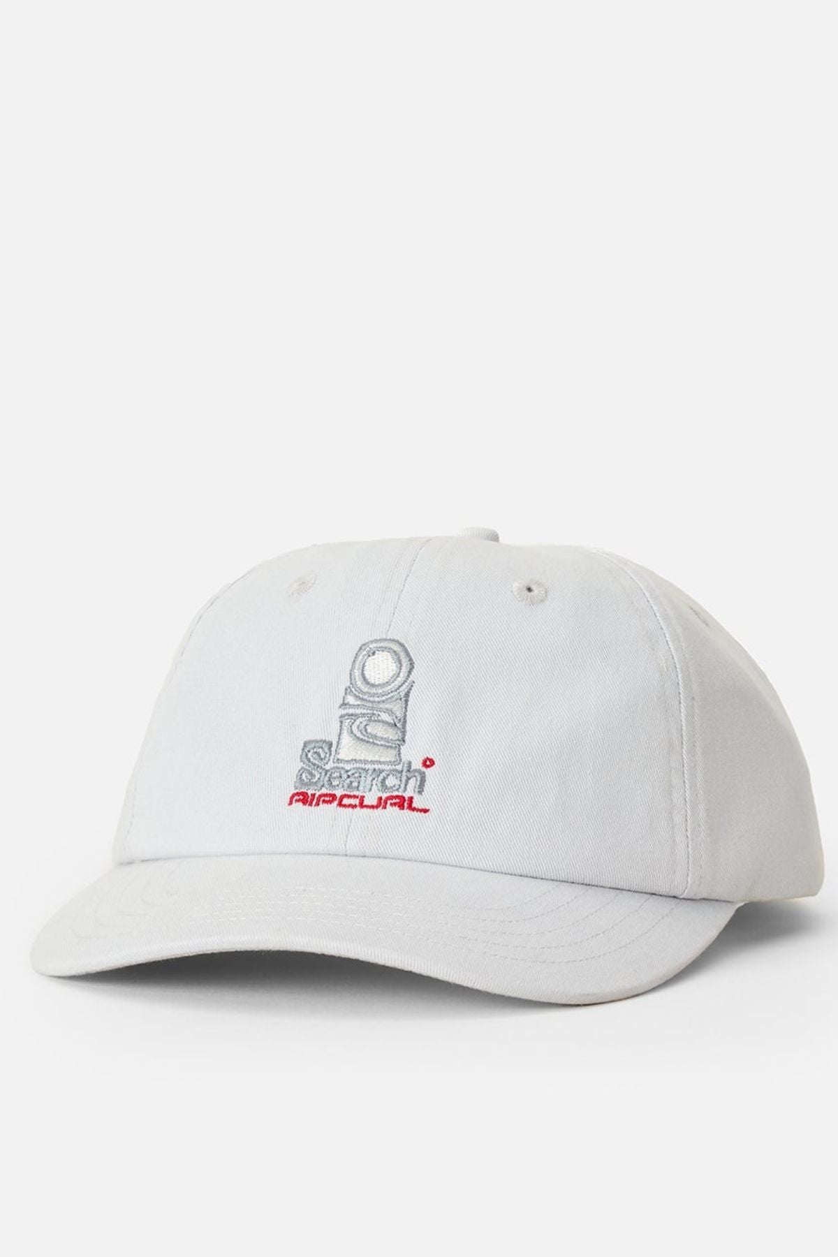 The Rip Curl Searchers SB Cap is an unstructured, light gray cap made from soft cotton twill, showcasing a small embroidered circular logo and the words "SEARCH" and "RIP CURL" on the front, photographed against a plain white background.