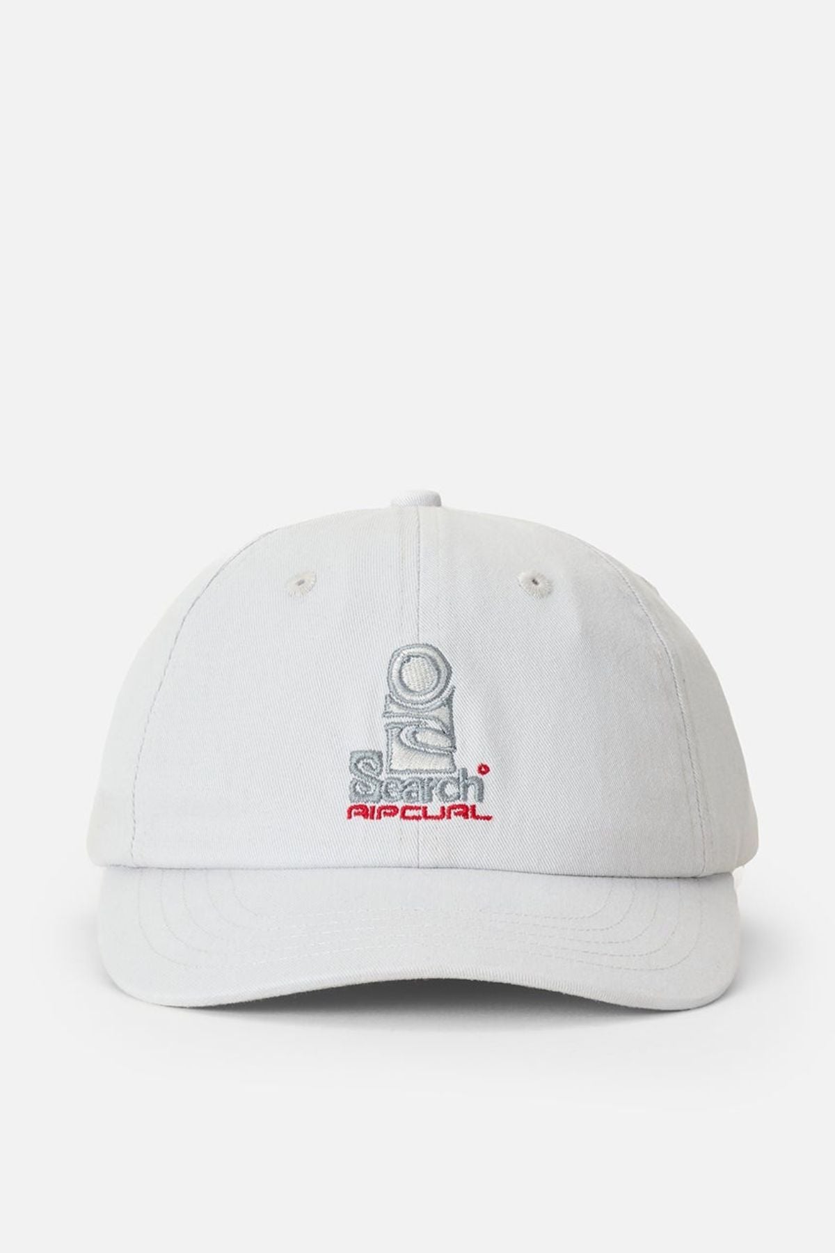A light gray cotton twill Rip Curl Searchers SB Cap featuring an embroidered astronaut and the words "Search Rip Curl" in gray and red on the front.