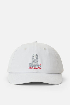 A light gray cotton twill Rip Curl Searchers SB Cap featuring an embroidered astronaut and the words "Search Rip Curl" in gray and red on the front.