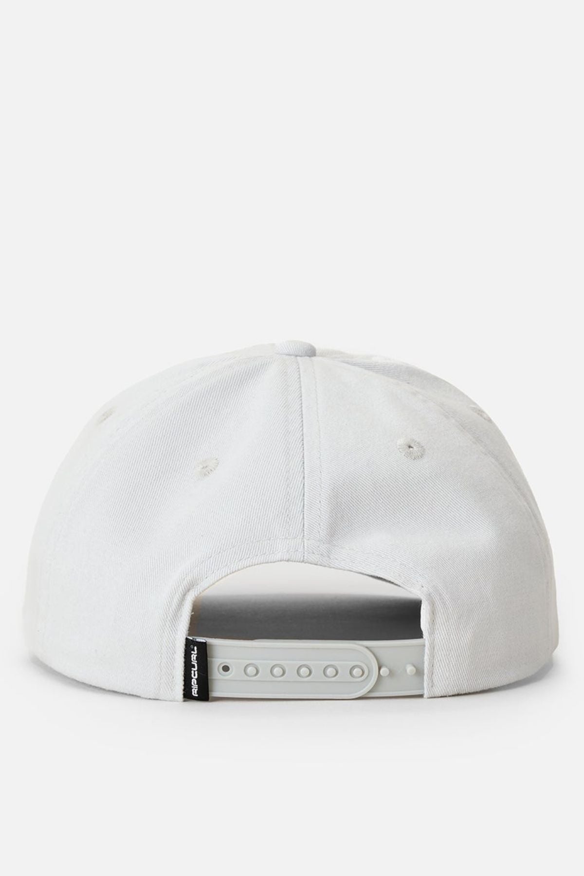 The Rip Curl Searchers SB Cap is shown from the back, featuring a white cotton twill design, an adjustable snapback closure, and a small black tag on the left side.