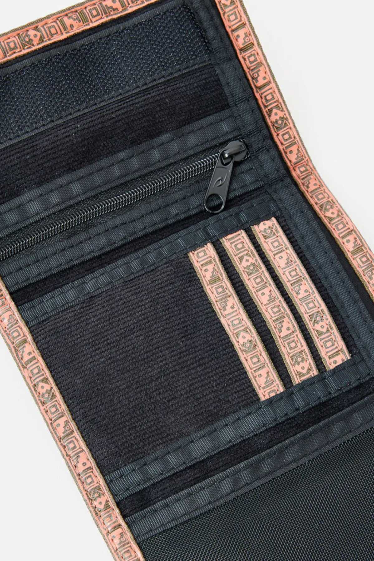 The Rip Curl Archive Cord Surf Wallet is a stylish black and orange tri-fold wallet that offers multiple compartments for your essentials. One section includes a zippered pocket, another features two card slots, and the third has a convenient mesh compartment. The interior showcases a striking geometric pattern in orange, making it perfect for use as a beach wallet!