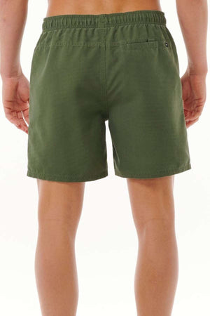 An individual is depicted from behind against a white background, wearing olive green Rip Curl Bondi Volley shorts made from recycled PET. These stylish and eco-friendly board shorts include an elastic waistband and a small pocket on the right side.