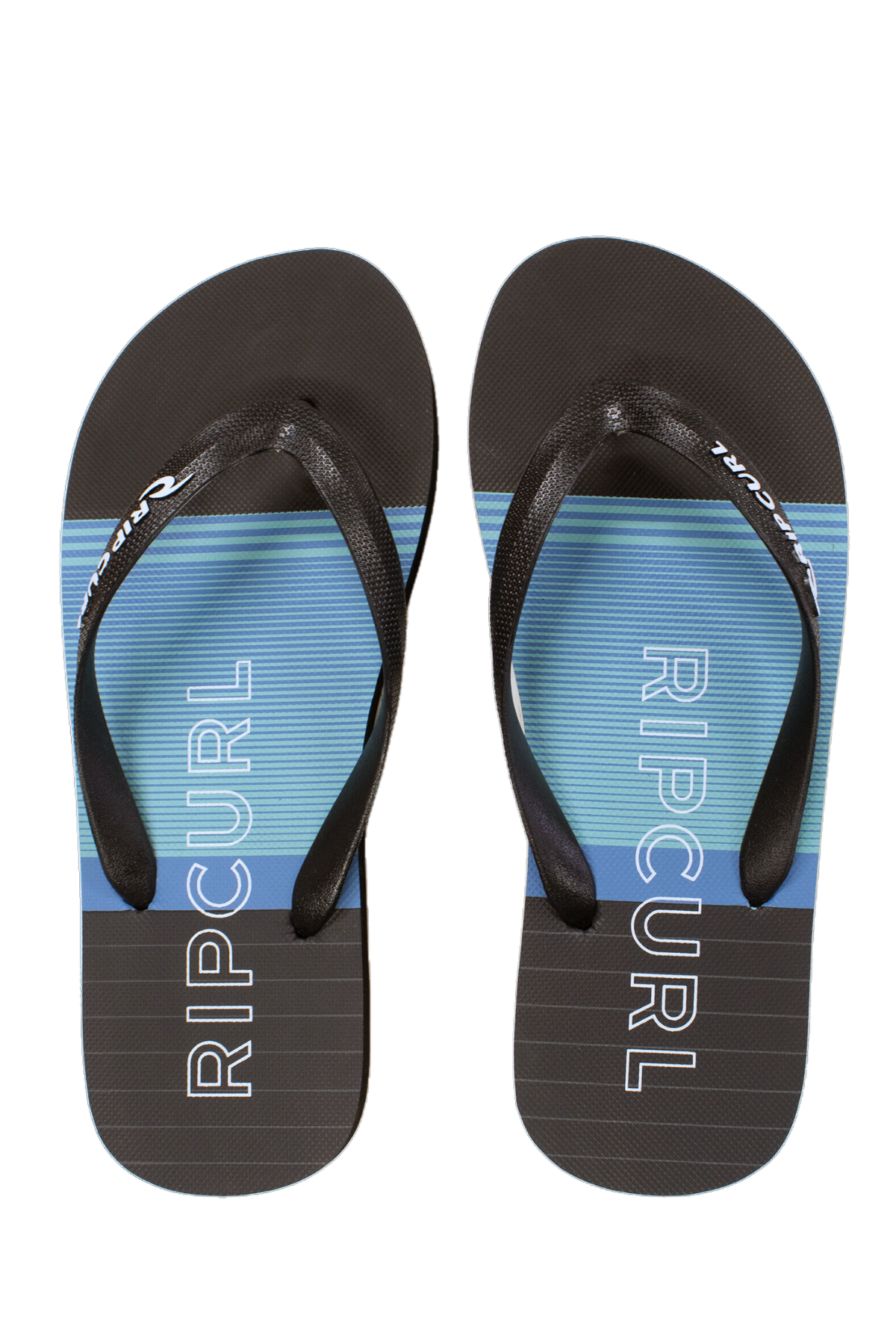 Rip Curl Breakers Bloom Thongs feature ergonomic moulded black straps and blue and white horizontal stripes on the soles, with "RIP CURL" printed in white on each footbed, combining style and comfort.