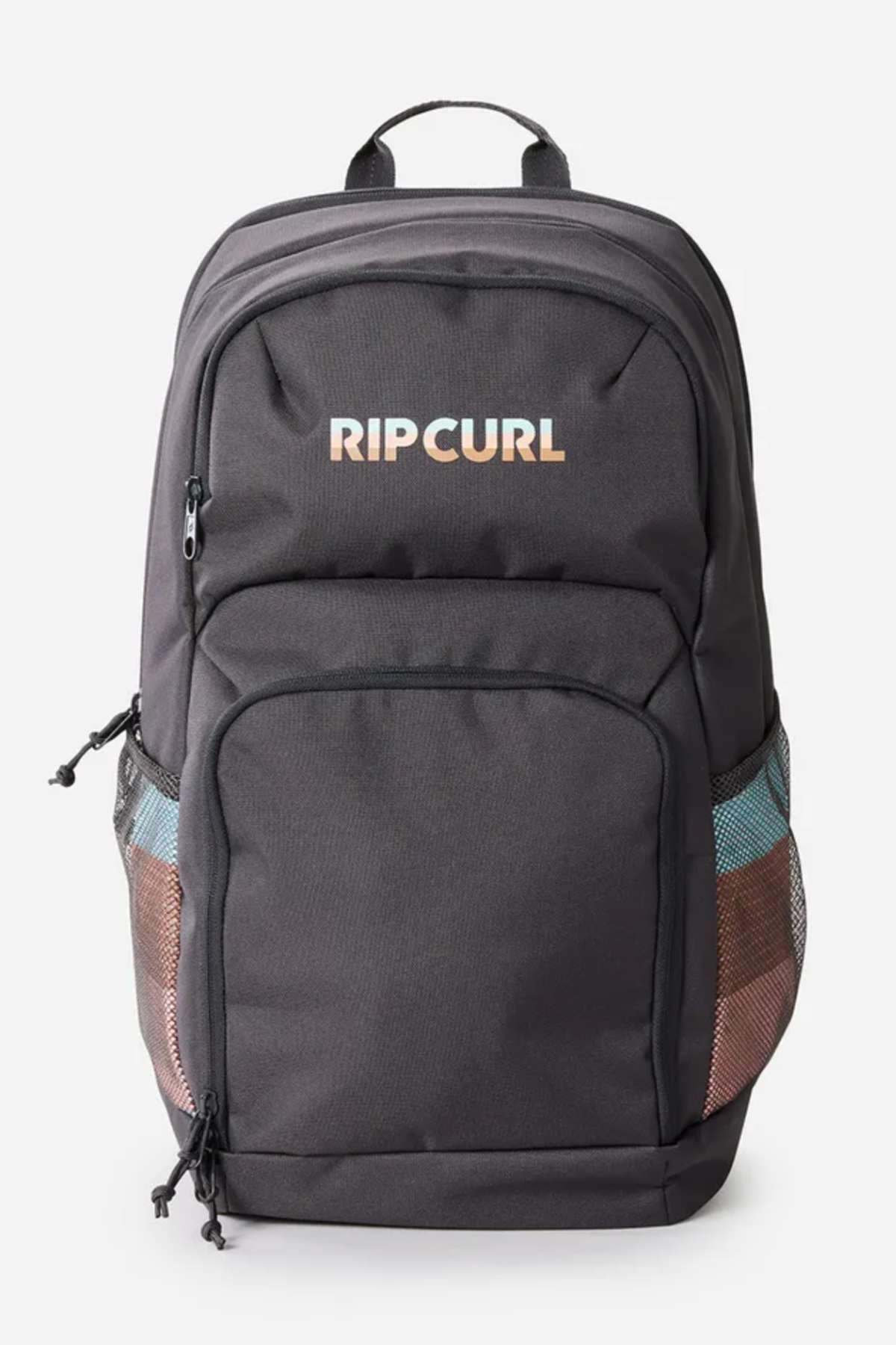 The Rip Curl Chaser 33L Backpack is black, made from recycled polyester, and features a top handle, front zipper pocket, two side mesh pockets, a white and orange gradient logo, and fits a 15" laptop for everyday use.