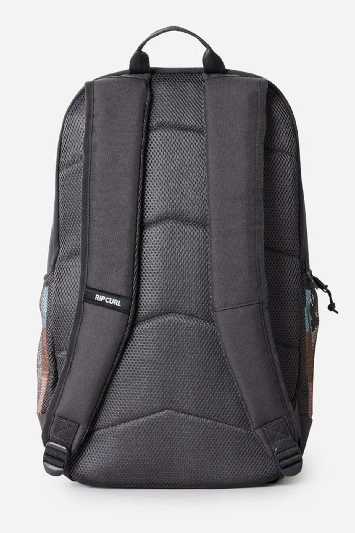 Back view of the Rip Curl Chaser 33L Backpack in black recycled polyester, featuring padded shoulder straps and back panel with mesh details, a small Rip Curl logo on one strap, side pockets, zippers, and 15" laptop compatibility.