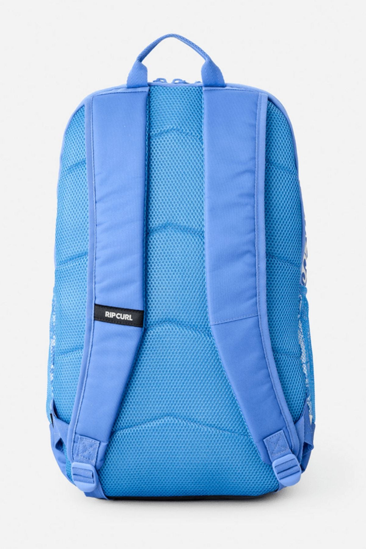 The Rip Curl Chaser 33L Backpack in bright blue is shown from the back, featuring padded shoulder straps, a top handle, and a breathable mesh back panel. Made from durable recycled polyester.