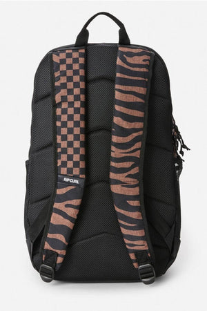 The Rip Curl Chaser 33L Backpack boasts a checkered pattern on one strap and a zebra design on the other, made from recycled polyester. It features padded straps, a top handle for comfort, and a logo on the side—perfect for eco-conscious commuters seeking simple yet elegant style.