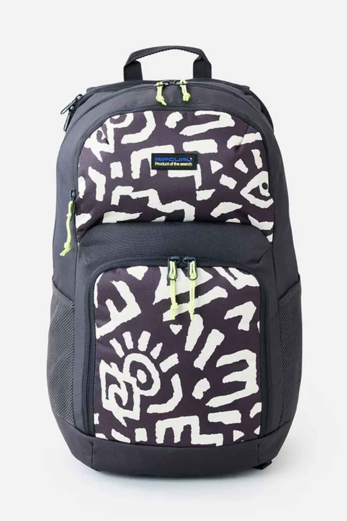 The Rip Curl Chaser 33L Backpack is crafted from recycled polyester and showcases a stylish black design with unique white patterns. It provides generous storage space with its 33L capacity, featuring a main compartment fastened by lime green zipper pulls, along with two side mesh pockets for additional storage.
