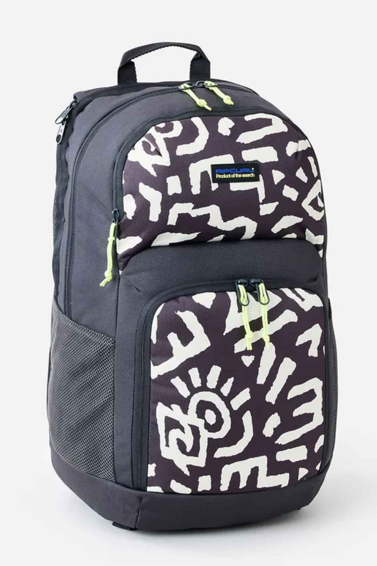The Rip Curl Chaser 33L Backpack is a fashionable black backpack adorned with white abstract designs on the front pocket and lime green zipper pulls. Crafted from recycled polyester, it offers a 33-liter capacity, featuring a top handle and side mesh pockets for extra convenience.