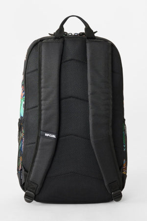 The Rip Curl Chaser 33L Backpack is made with recycled polyester and features padded shoulder straps, a top handle, mesh side pockets, and an ergonomic textured back panel. "Rip Curl" branding appears on one strap.