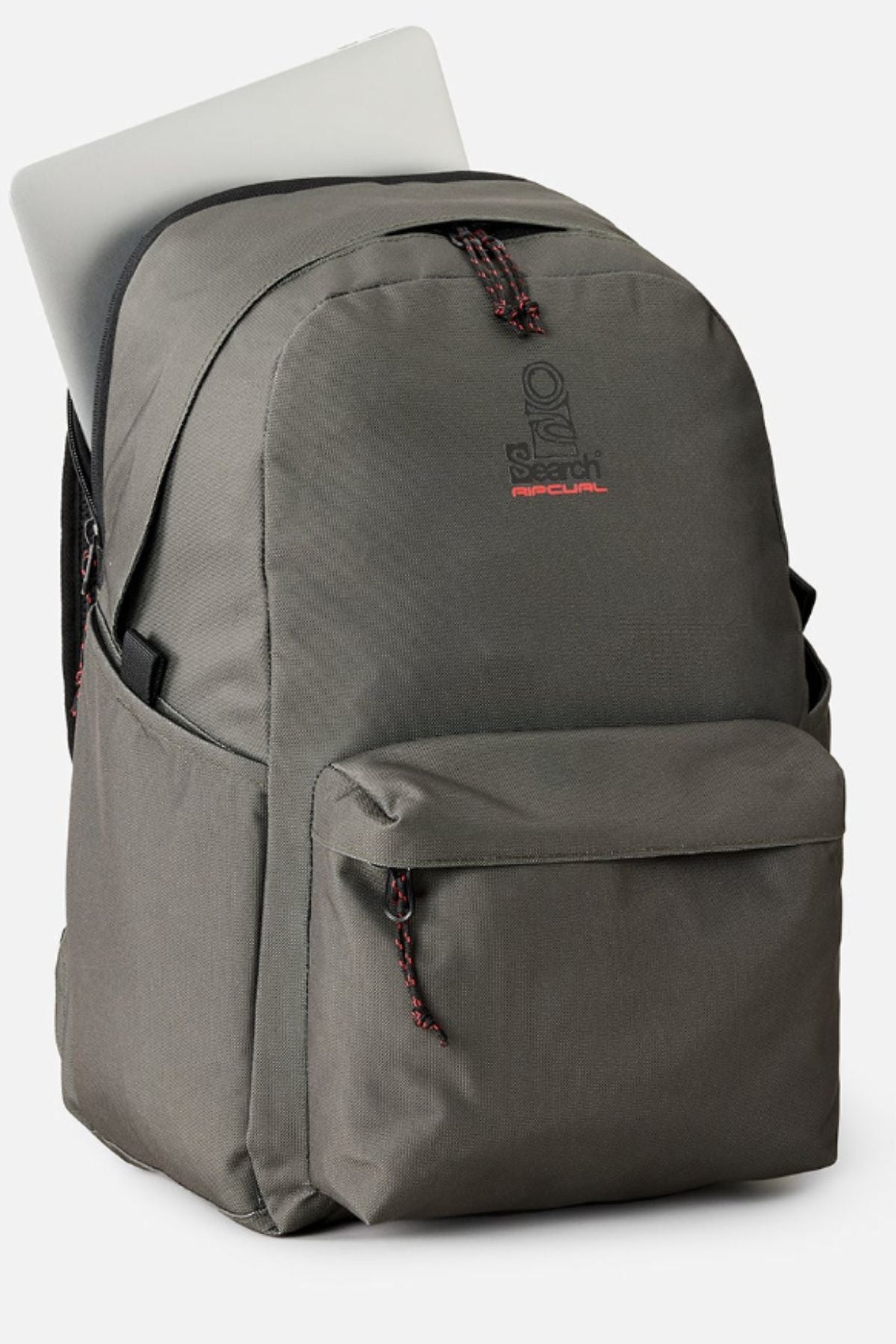 The Rip Curl Crusha 30L Search Backpack in gray features a front pocket, red accents, and a spacious main compartment that fits a laptop—making it the perfect laptop backpack.