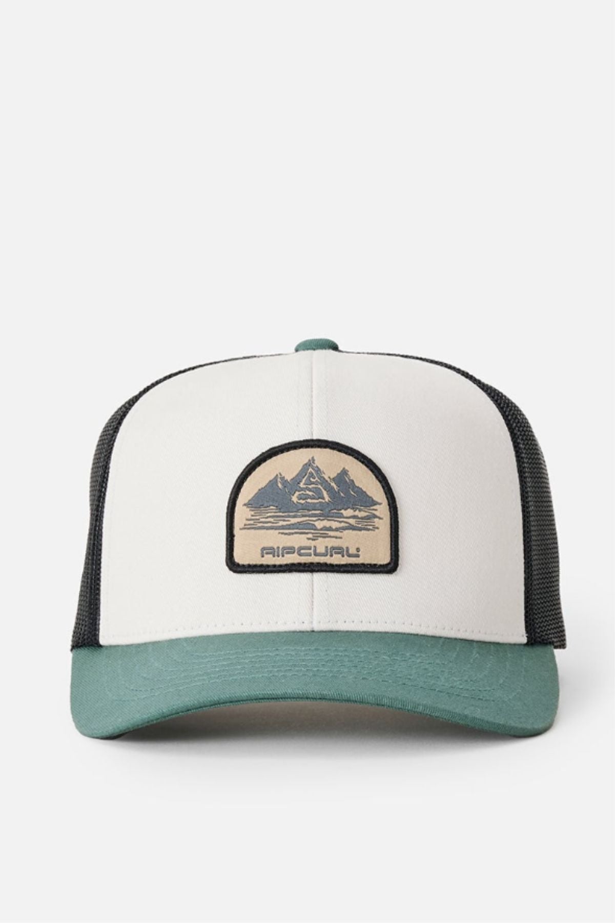 The Rip Curl Custom Curve Trucker has a white cotton twill front, black mesh sides, green brim, and a mountain patch logo with "Rip Curl" at the center.