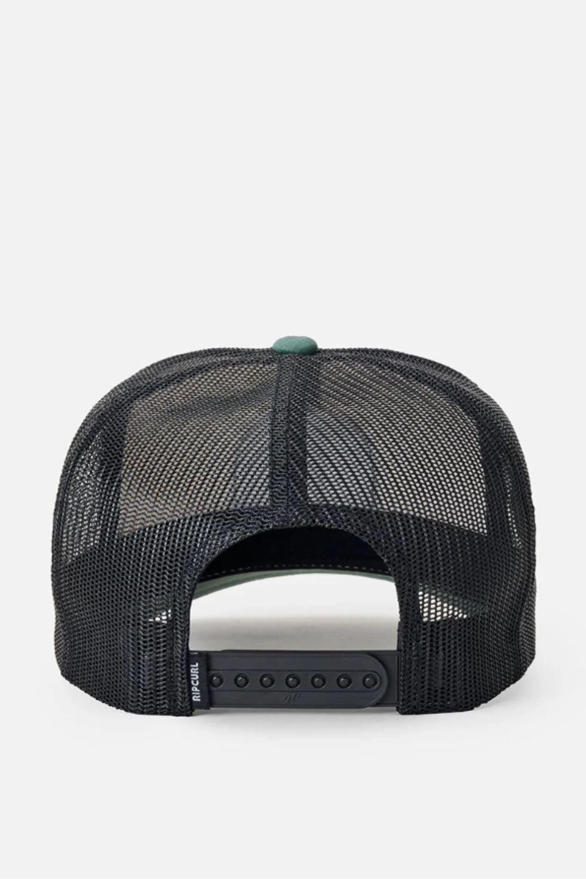 The Rip Curl Custom Curve Trucker is shown from the back, displaying a black mesh design, adjustable snapback closure, and a small left-side tag near the opening.