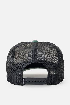 The Rip Curl Custom Curve Trucker is shown from the back, displaying a black mesh design, adjustable snapback closure, and a small left-side tag near the opening.