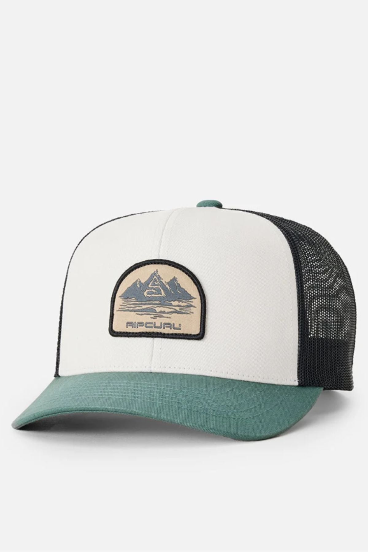 The Rip Curl Custom Curve Trucker has a cream cotton twill front, green visor, black mesh back, and a mountain graphic “RIP CURL” patch for the perfect finishing touch.