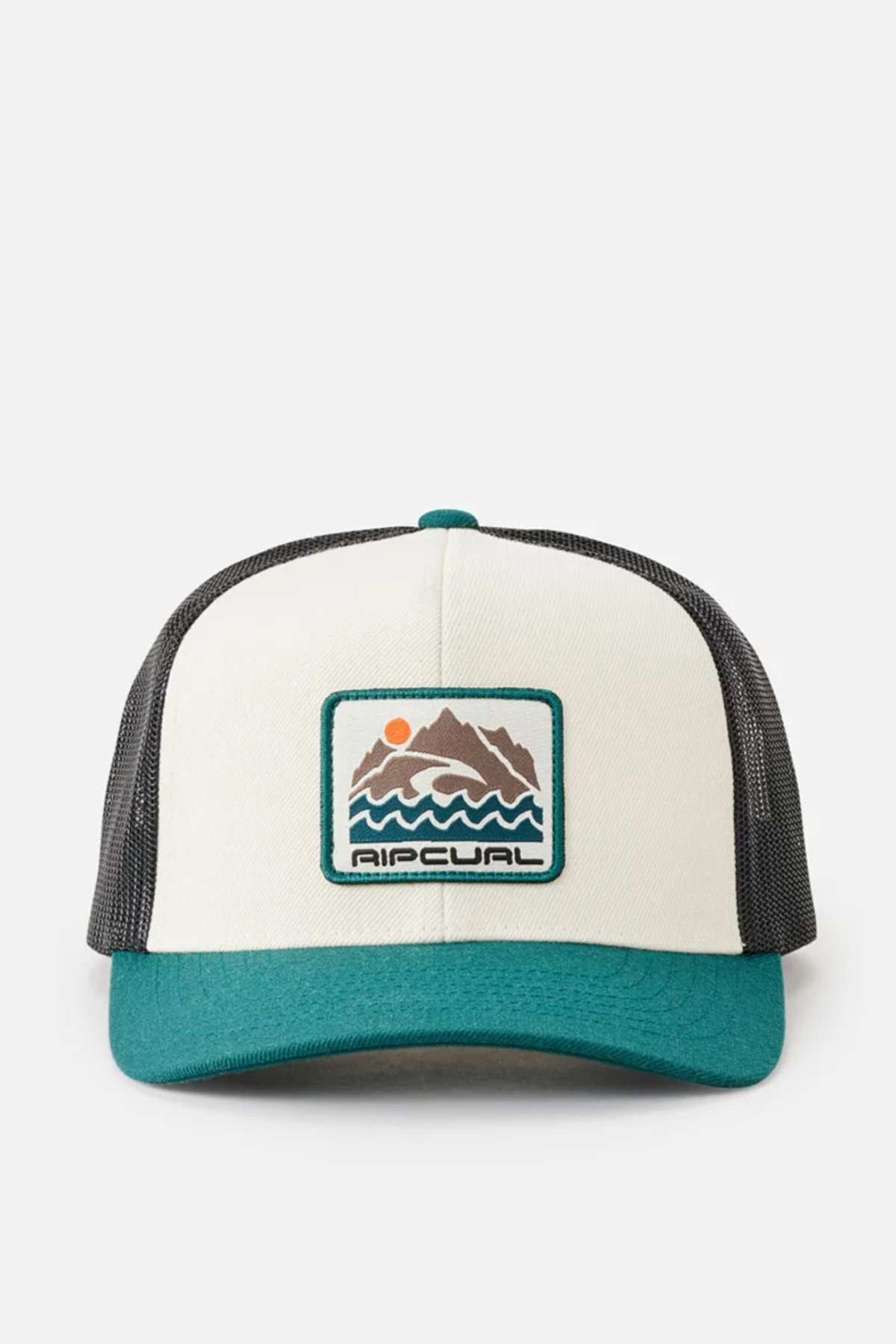 The Rip Curl Custom Curve Trucker is a white and teal hat with a mountain, sun, and wave patch. "RIP CURL" is embroidered below the graphic. This stylish cap features a black mesh back and teal brim, ideal for any adventure.