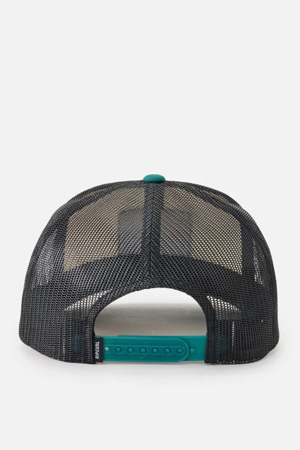 The Rip Curl Custom Curve Trucker cap features a back view of black mesh and a teal adjustable snapback. Its semi-transparent panels provide a sleek touch, while the small logo on the left adds signature style. This staple accessory delivers both comfort and flair.