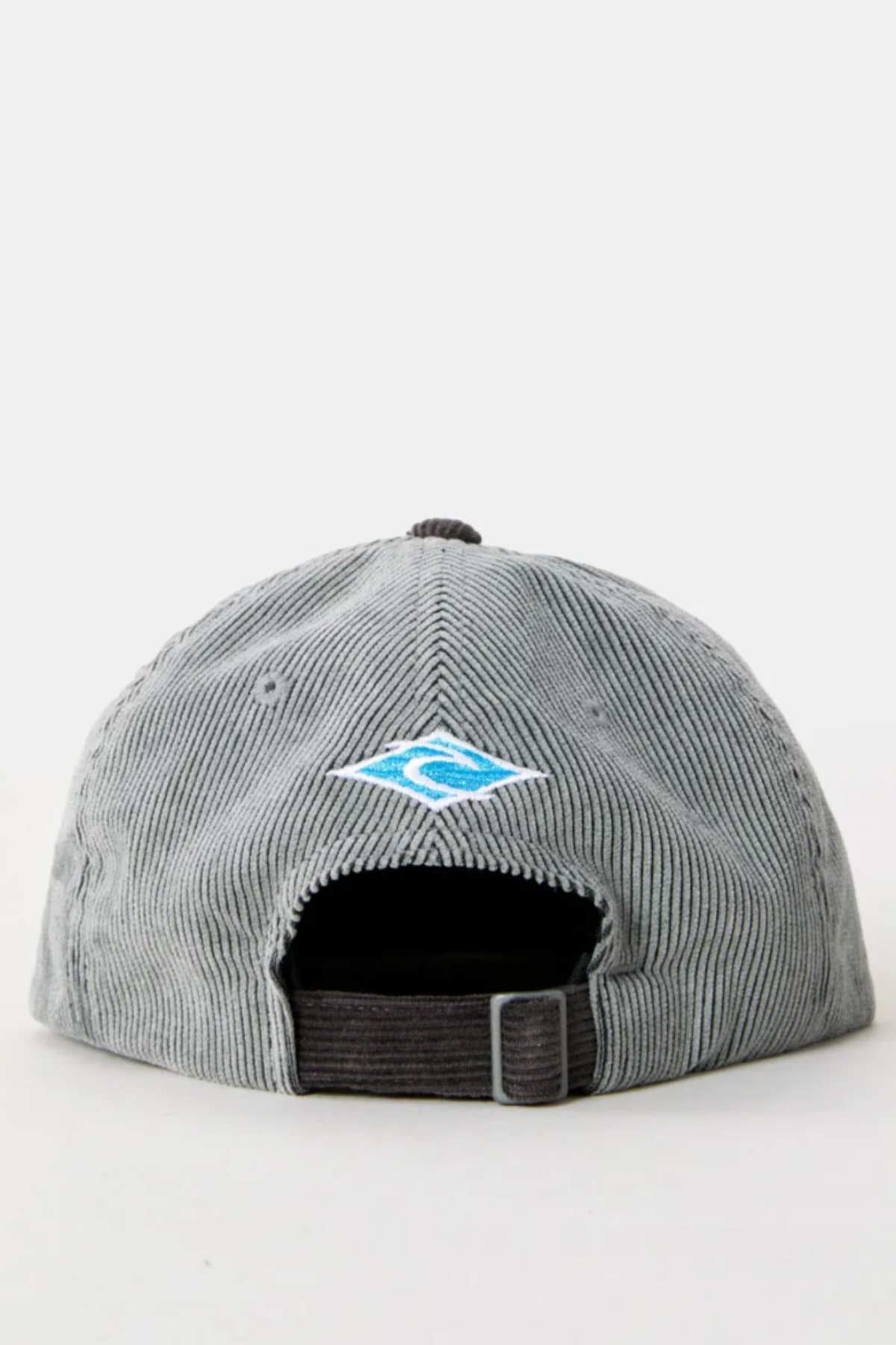 The Rip Curl Diamond Adj Cap in gray 11 wale cord fabric is shown from the back, featuring a small blue and white wave logo embroidered above the adjustable strap.