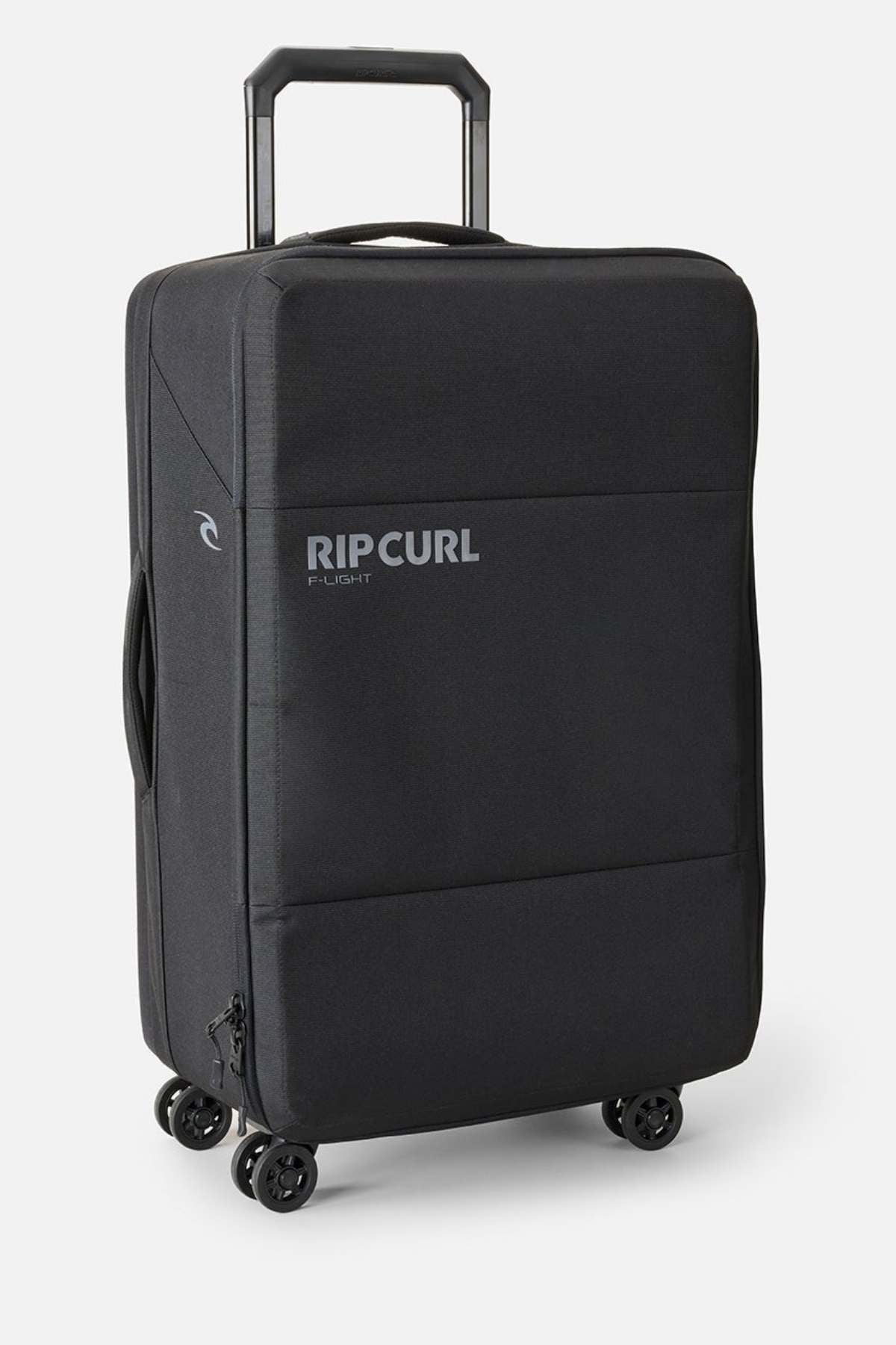 The Rip Curl F-Light 90L Check-In Wheeled Travel Bag stands upright on a white background, featuring four wheels, an extendable handle, and a side handle—ideal for stylish and durable travel.
