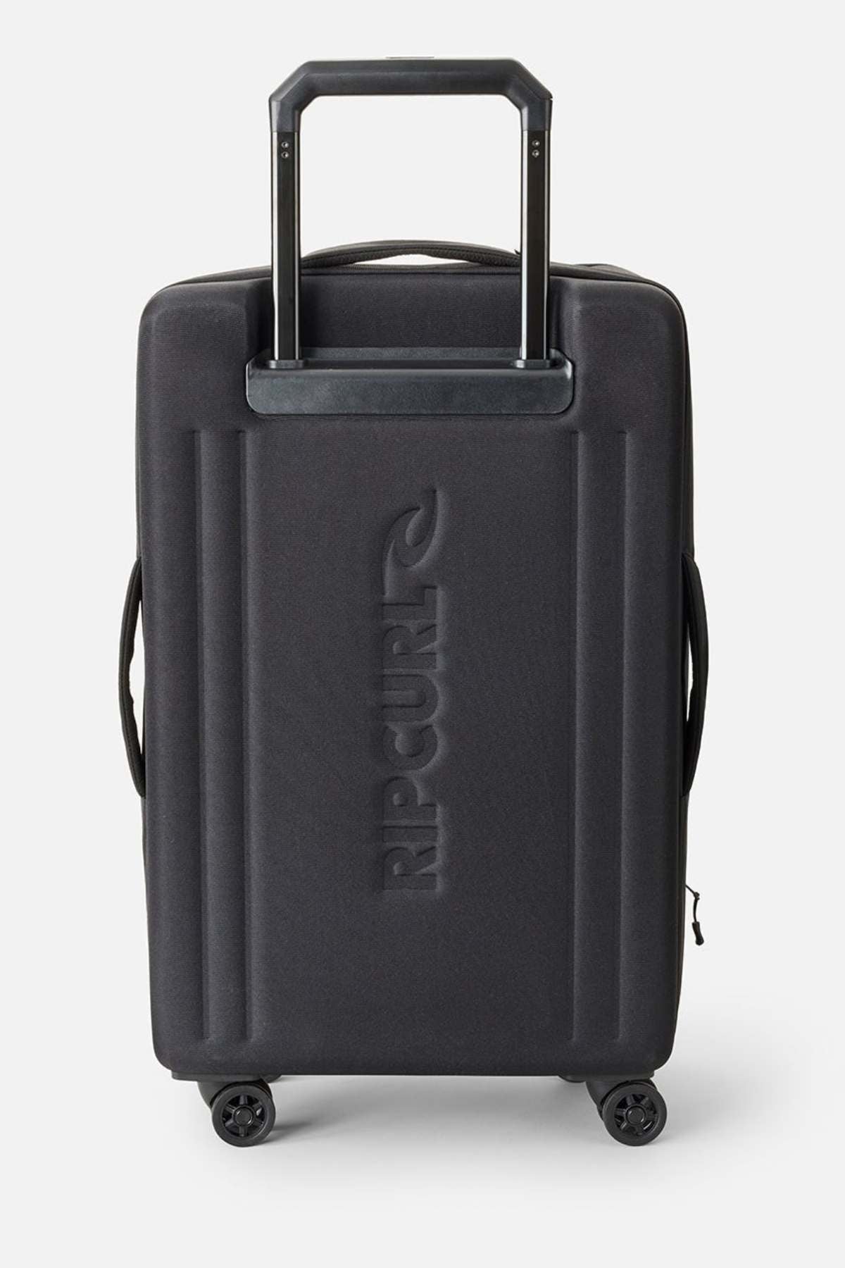 The Rip Curl F-Light 90L Check-In Wheeled Travel Bag is a stylish black hard-shell suitcase with four wheels, an extended telescopic handle, and embossed "RIP CURL" logo—ideal practical luggage for your journeys.
