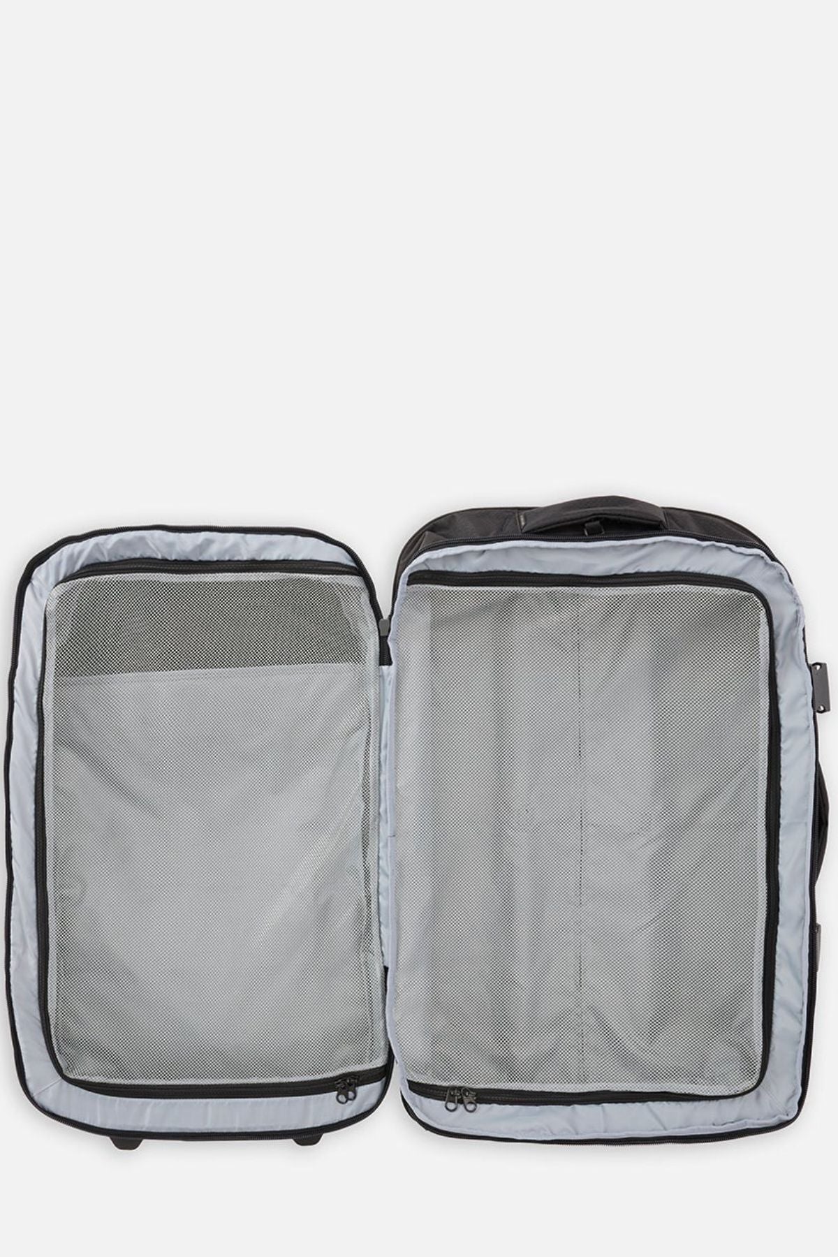 The Rip Curl F-Light Global 100L roller bag, open and empty, features a light gray interior with mesh zippered compartments on both sides, lying flat against a white background.