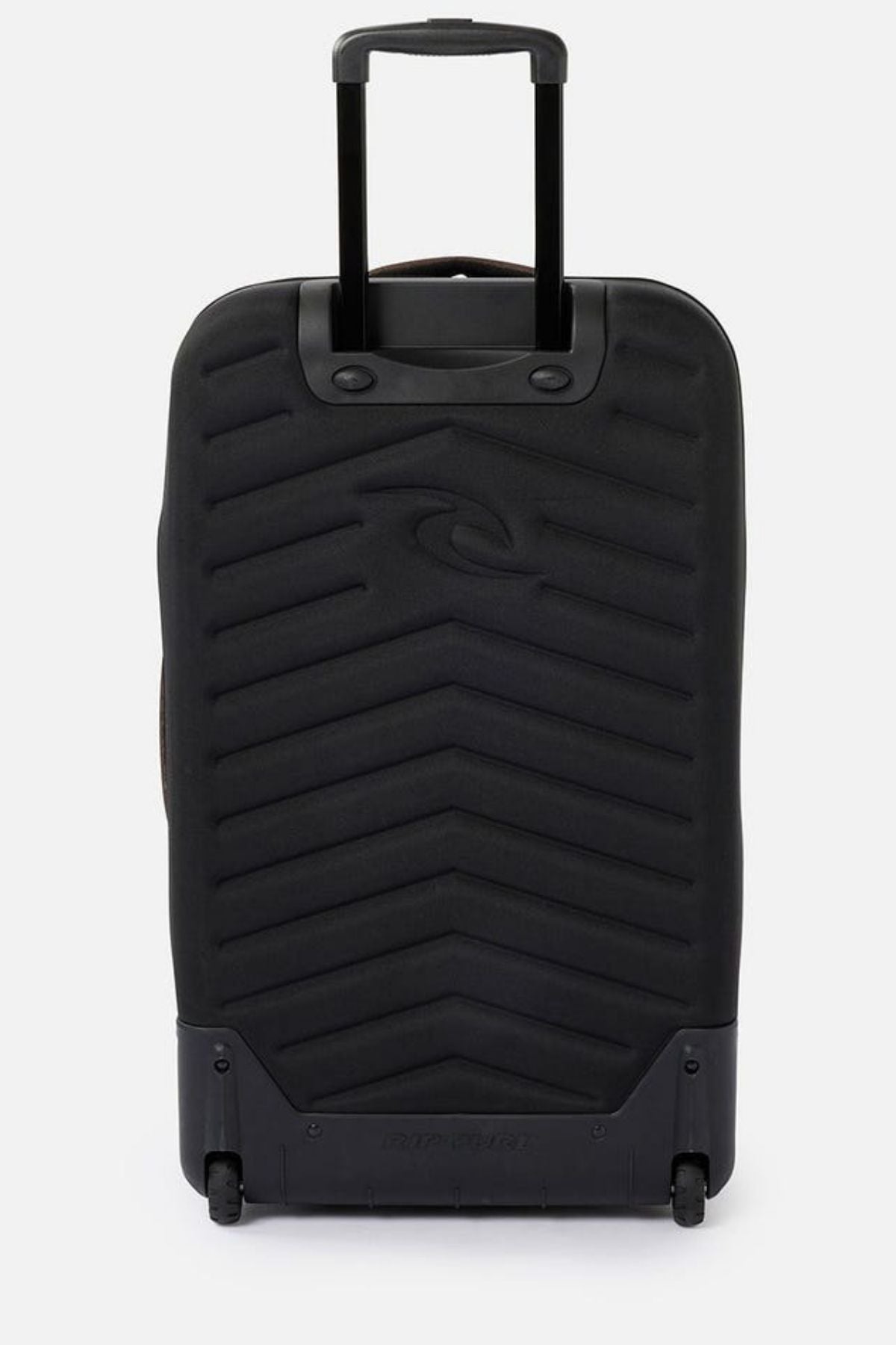 The Rip Curl F-Light Global 100L Search Travel Bag is a black travel suitcase with a hard shell and a zigzag texture. It includes a retractable handle, two wheels, and is made from recycled polyester, all set against a plain white background.