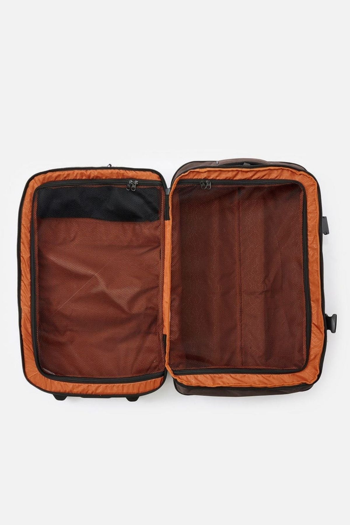 A Rip Curl F-Light Global 100L Search Travel Bag sits open on a plain background, showcasing an orange interior and black trim. Made from recycled polyester, it has two zippered compartments and visible wheels.