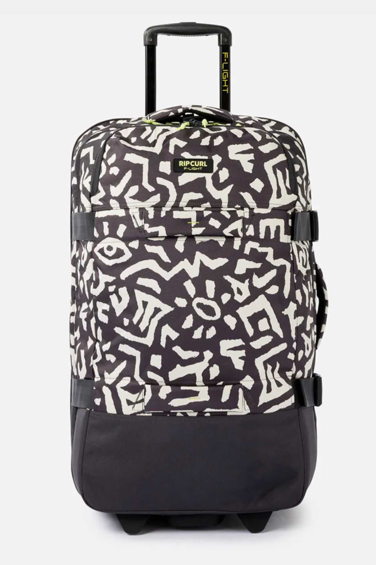 The Rip Curl F-Light Global 100L Search Travel Bag is a black and white wheeled travel suitcase showcasing a bold abstract pattern with various shapes and eyes. This eco-friendly bag features a telescopic handle inscribed with the word "Flight" and proudly displays the Rip Curl logo on the front, along with black accents on the bottom and sides.