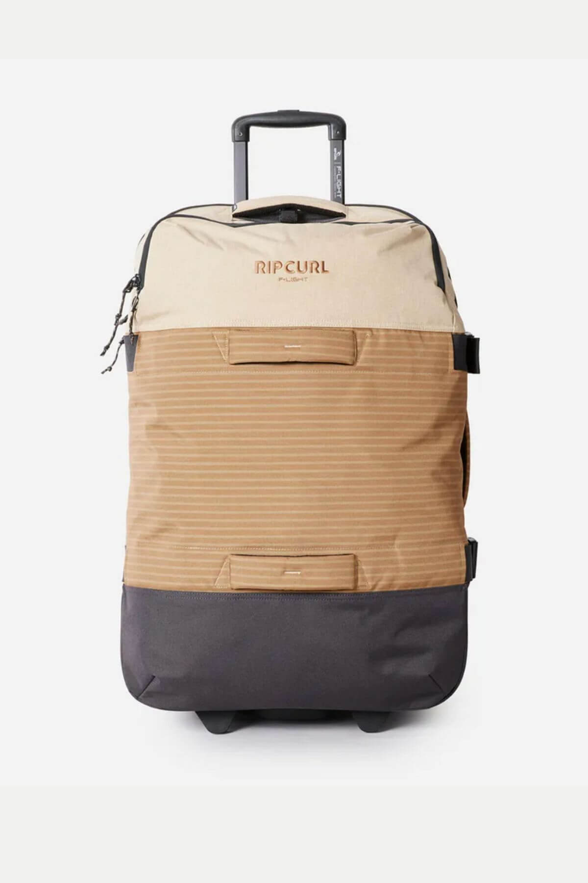 The Rip Curl F-Light Global 110L Icons Travel Bag features a three-tone design—black bottom, brown middle, beige top—with a telescoping handle, front zippered pocket, compression straps, and a spacious 110L capacity for all your essentials.