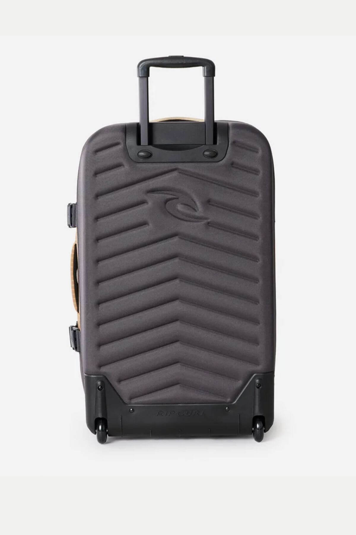 The Rip Curl F-Light Global 110L Icons Travel Bag is a black hard-shell suitcase with a chevron texture, two wheels, compression straps, a retractable handle, and side handles, shown upright on a plain white background.