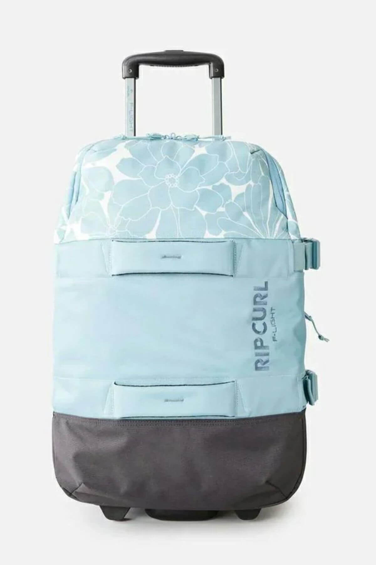 The Rip Curl F-Light Transit 50L Sessions Travel Bag is a light blue and gray rolling suitcase with a floral upper, two front pockets, side strap, telescopic handle, and spacious 50L capacity.