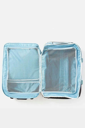 An open, empty light blue Rip Curl F-Light Transit 50L Sessions Travel Bag with mesh zippered compartments is shown from above on a plain white background.