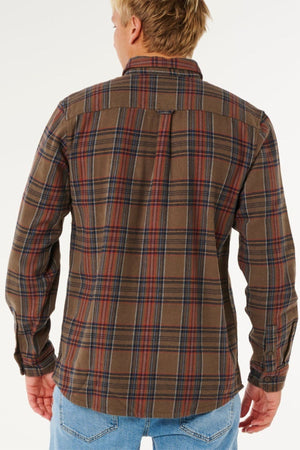 A person wearing the Rip Curl Griffin Flannel Shirt in brown plaid and blue jeans is shown from the back, standing against a plain white background.