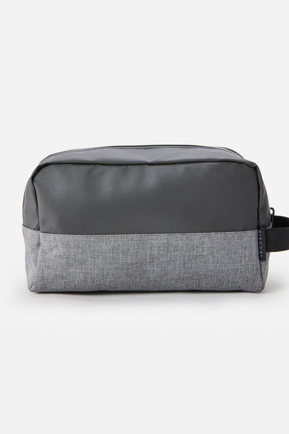 The Rip Curl Groom Toiletry Icons Of Surf bag, with a dark gray top, light gray bottom, and small black side handle, is shown against a plain light background—ideal for stylish travel organization.