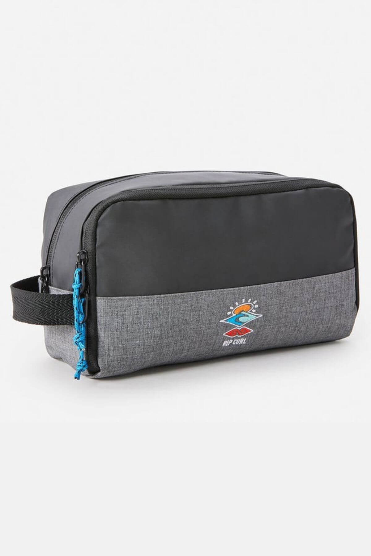 The Rip Curl Groom Toiletry Icons Of Surf is a gray and black bag with a zipper, black handle, and a colorful wave-and-sun logo on the front—ideal for travel. "Rip Curl" appears below the Icon of Surf graphic.