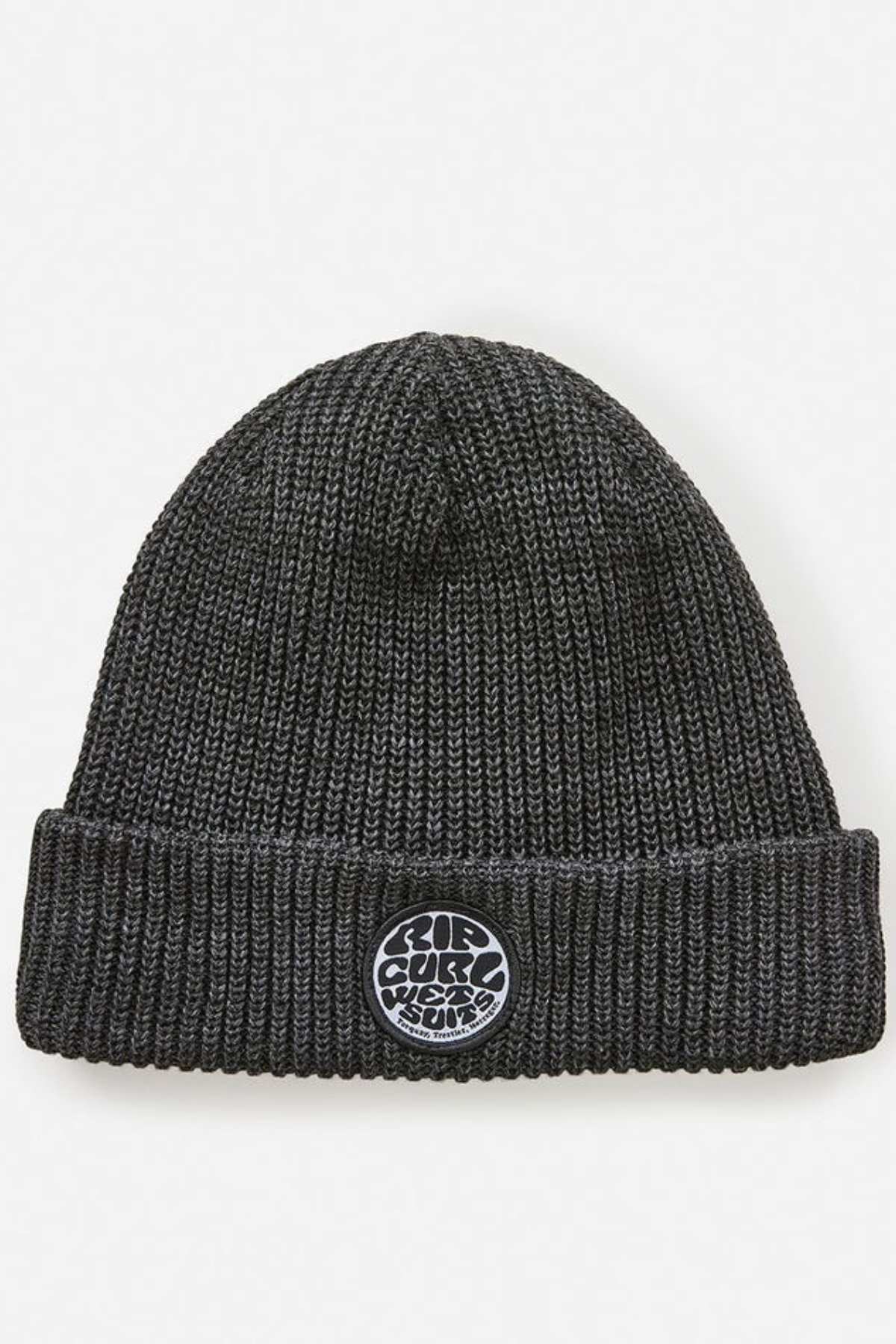 The Rip Curl Icons Reg Beanie is a black beanie with a folded brim, made from recycled polyester and finished with a round patch in stylized white text—ideal for your next outdoor adventure.
