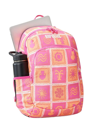 The Rip Curl Ozone 2.0 30L Backpack features lively pink and orange designs with abstract symbols. Crafted from recycled fabric, this chic school backpack includes a primary compartment for your laptop and a convenient side pocket for a water bottle.