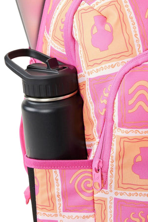 A black water bottle with a handle is tucked into the side pocket of a Rip Curl Ozone 2.0 30L Backpack, which boasts a pink and orange patterned design crafted from recycled fabric. Ideal as a stylish school backpack, it highlights abstract shapes and swirl designs.