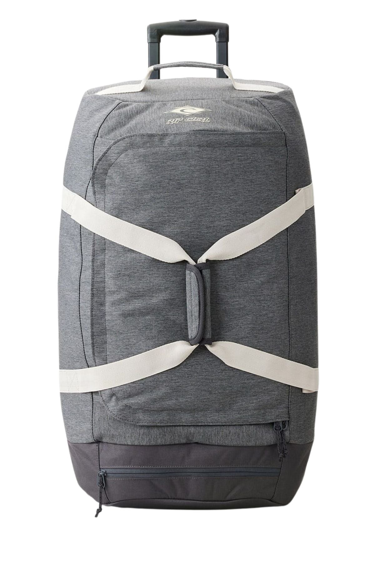 Introducing the Rip Curl Jupiter 80L Classic Surf Travel Bag, a gray travel bag with wheels, equipped with a handle and accented by white straps. This lightweight duffel offers a convenient zippered pocket at the bottom and proudly displays an eco-friendly logo on the top front.