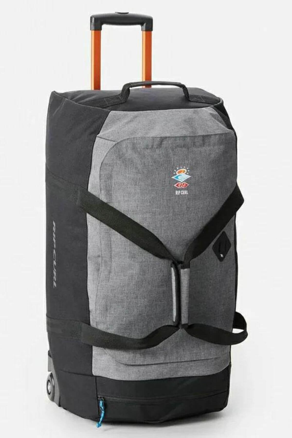 Introducing the Rip Curl Jupiter 80L IOS Travel Bag, a gray and black rolling duffle with a telescopic handle. It boasts a front pocket logo, black straps, water-resistant ripstop fabric for durability, and wheels for seamless transport—ideal for any journey.