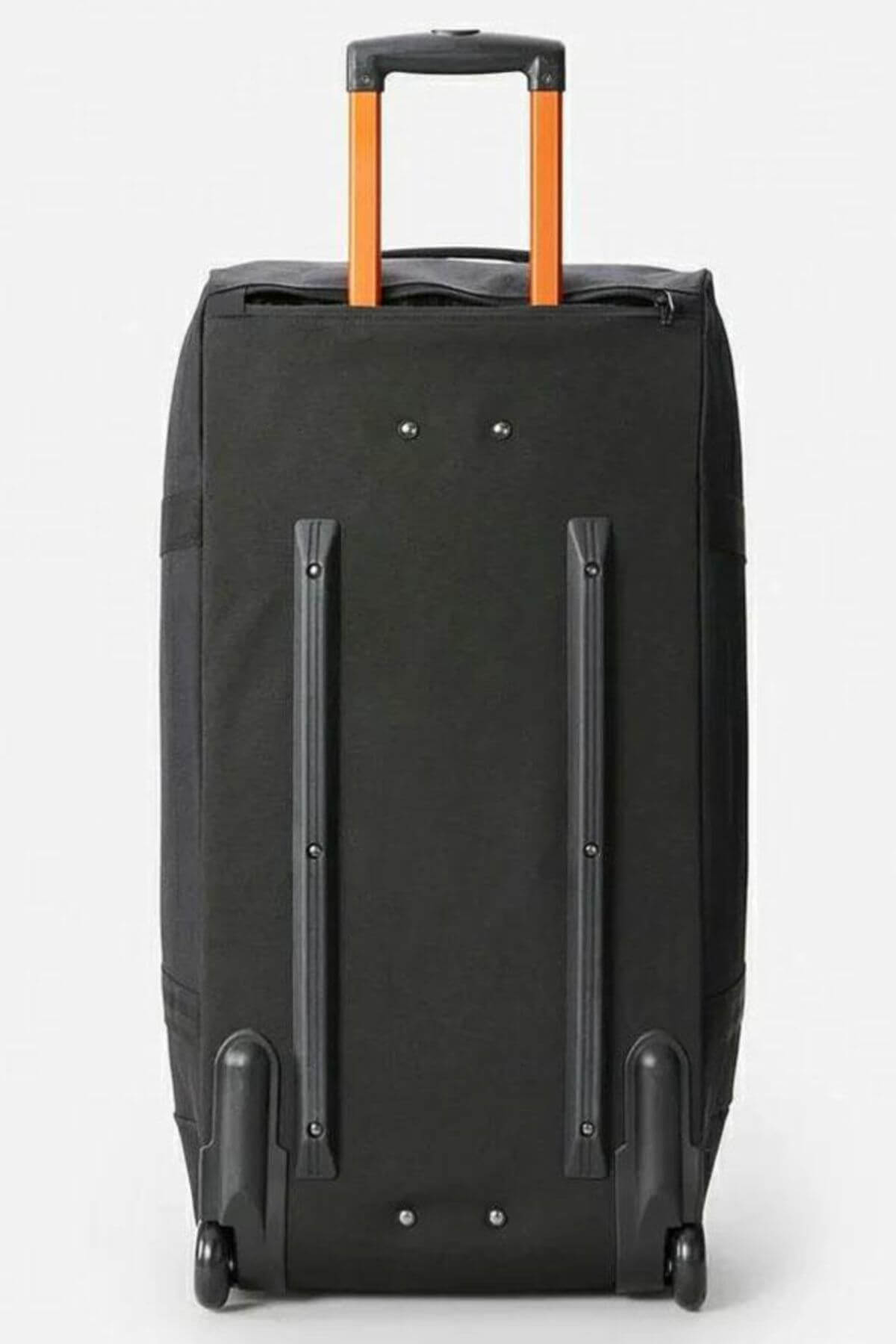 The Rip Curl Jupiter 80L IOS Bag is a large black rolling duffle with an extended orange handle and two wheels. Its water-resistant ripstop design ensures durability, ideal for travel or luggage storage.